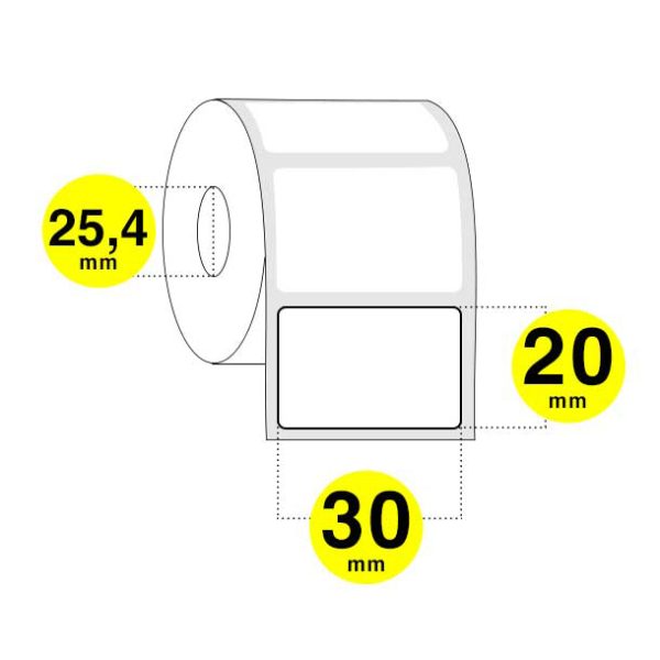 Etichette adesive 30x20 mm - carta bianca opaca (vellum) - rotolo da 1600 etichette anima 25 - la confezione contiene 12 rotoli