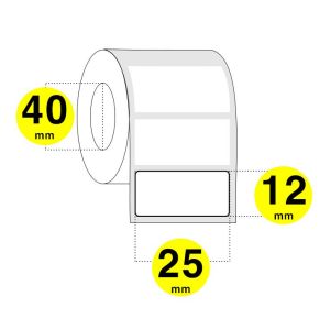 Rotolo etichette adesive larghezza 25 mm e altezza di 12 mm con anima 40 mm- il rotolo contiene 2800 etichette e ci sono 6 rotoli per confezione.- il prezzo si riferisce alla confezione.