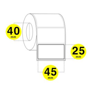 Etichette Adesive trasferimento Termico Larghezza 45 mm. e Altezza 25 mm. - Rotolo da 1500 Etichette con Anima da 40 mm. - Confezione da 6 Rotoli.