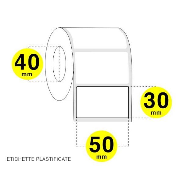 Etichette plastificate adesive 50x30 mm. sono resistenti all'acqua e all'umidità. Hanno la colla permanente.